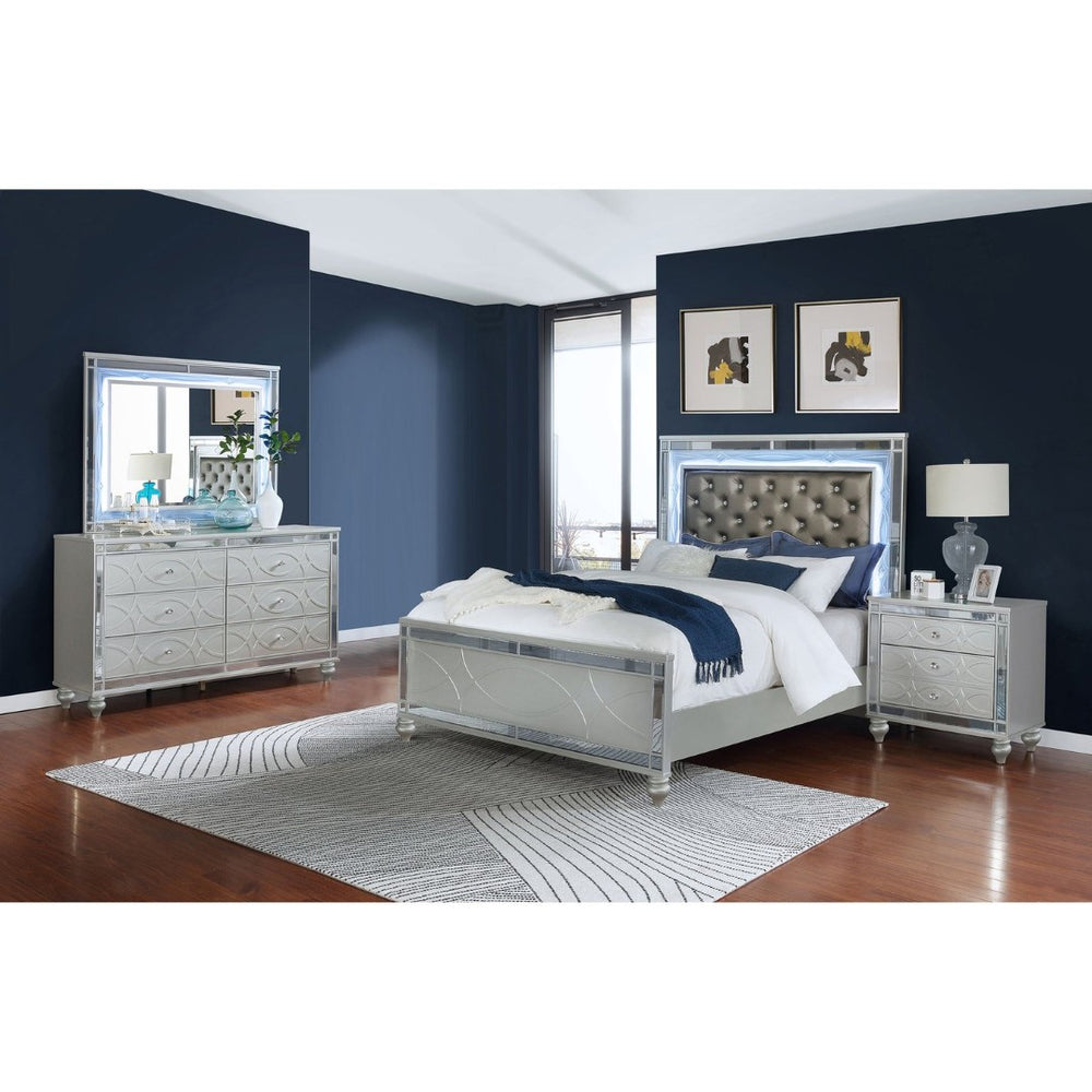 English Elm Arabesque Queen Bedroom Set with Led Tufted Headboard Mirrored Trim Crystal Hardware B062S01550
