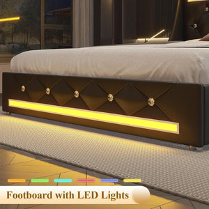 English Elm Queen Platform Bed Wingback Diamond Quilted Headboard Led Lighting Storage Drawers Black W5722P462684