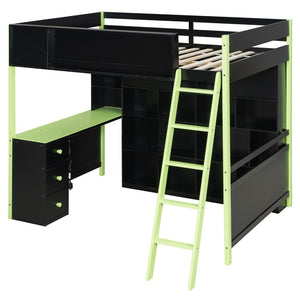 English Elm Full Size Gaming Loft Bed with Led Lighting Desk Drawers and Display Shelving Green LT000263AAF