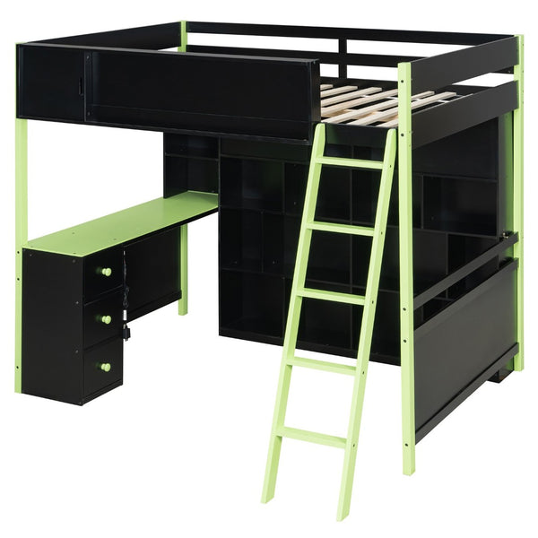 English Elm Full Size Gaming Loft Bed with Led Lighting Desk Drawers and Display Shelving Green LT000263AAF