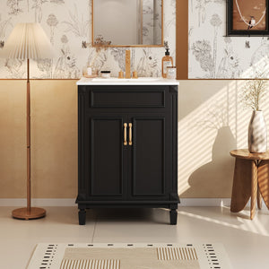 English Elm 24'' Bathroom Vanity with Sink - Solid Wood Frame, Glossy Ceramic Basin, Soft-Close Doors & Ample Storage Elegant Modern Design, Durable MDF Construction, Retro Metal Handles, Compact 24-inch Cabinet Black N710P317675B