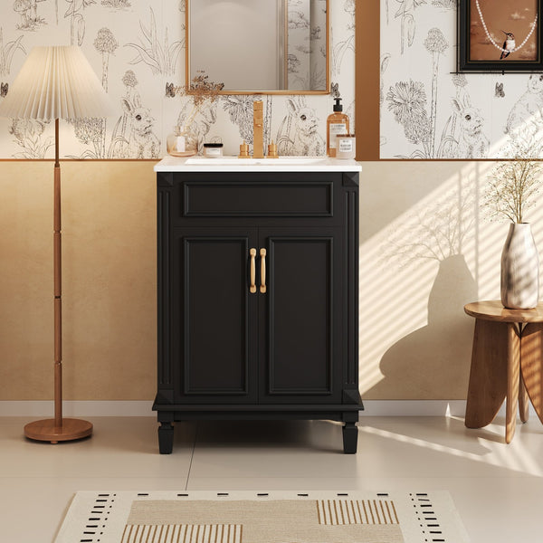 English Elm 24'' Bathroom Vanity with Sink - Solid Wood Frame, Glossy Ceramic Basin, Soft-Close Doors & Ample Storage Elegant Modern Design, Durable MDF Construction, Retro Metal Handles, Compact 24-inch Cabinet Black N710P317675B