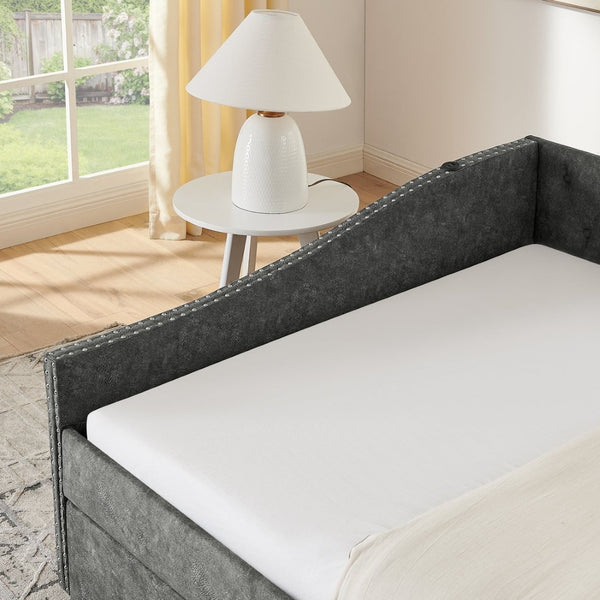 English Elm Full Size Upholstered Daybed with Trundle Usb Ports Tufted Back Wave Arms W1413S00159