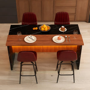 English Elm 63-Inch Modern Kitchen Island Set With 4 Bar Stools, Black Marble Surface & Led Lighting For Dining W2699S00067