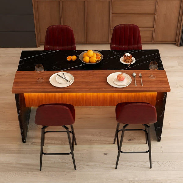 English Elm 63-Inch Modern Kitchen Island Set With 4 Bar Stools, Black Marble Surface & Led Lighting For Dining W2699S00067