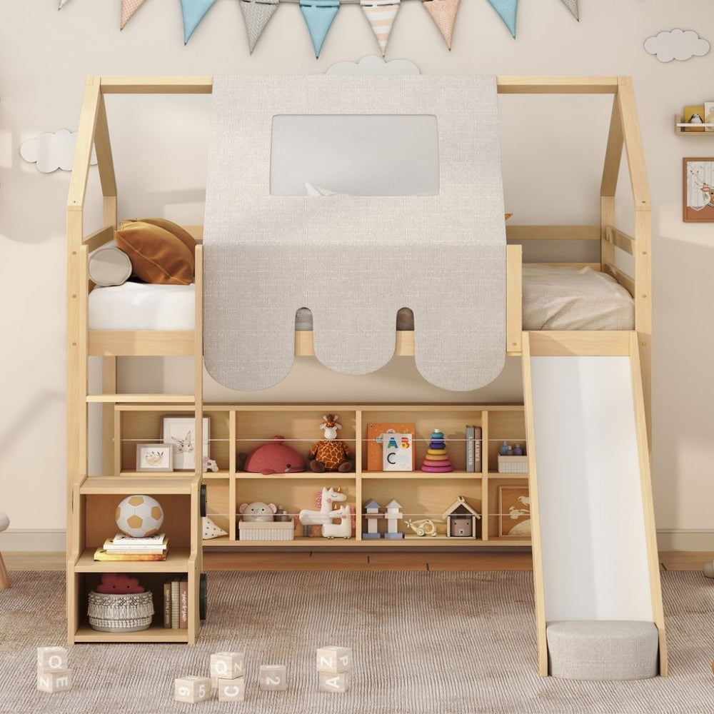 English Elm Full Size Kids House Loft Bed Pinewood Frame with Tent Slide and Play Storage Natural LT000683AAD
