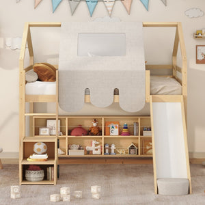 English Elm Full Size Kids House Loft Bed Pinewood Frame with Tent Slide and Play Storage Natural LT000683AAD