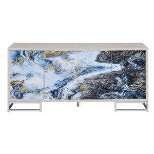 English Elm Liam Blue Marble & Gold Console Cabinet with White-Washed Oak, Chrome Base, 4-Door Storage, Shelves B2726P251795