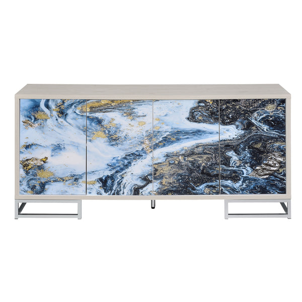 English Elm Liam Blue Marble & Gold Console Cabinet with White-Washed Oak, Chrome Base, 4-Door Storage, Shelves B2726P251795