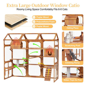 English Elm Large Pine Wood Catio Outdoor Cat Enclosure with Wire Mesh and Dual Plant Stands Brown N704G201617P