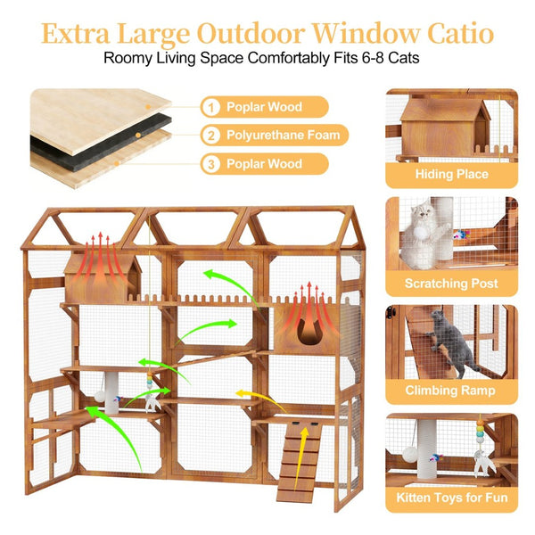 English Elm Large Pine Wood Catio Outdoor Cat Enclosure with Wire Mesh and Dual Plant Stands Brown N704G201617P