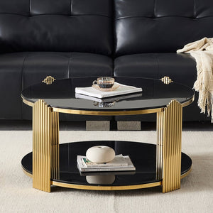 English Elm 35inch Round Coffee Table Dual Tier Tempered Glass Gold Steel Frame Living Room W3357P395503