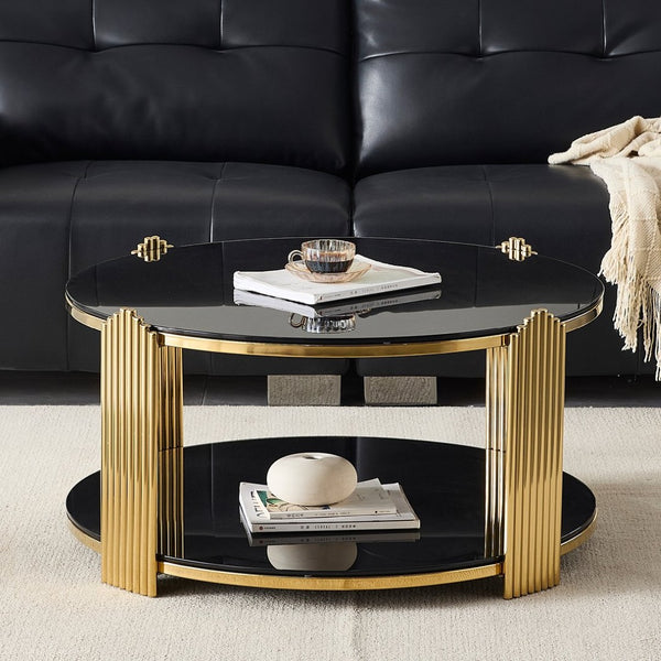 English Elm 35inch Round Coffee Table Dual Tier Tempered Glass Gold Steel Frame Living Room W3357P395503
