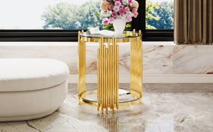 English Elm Modern Round Mirrored Glass End Table with Gold Metal Frame and Lower Display Shelf Transparent N735P380092K