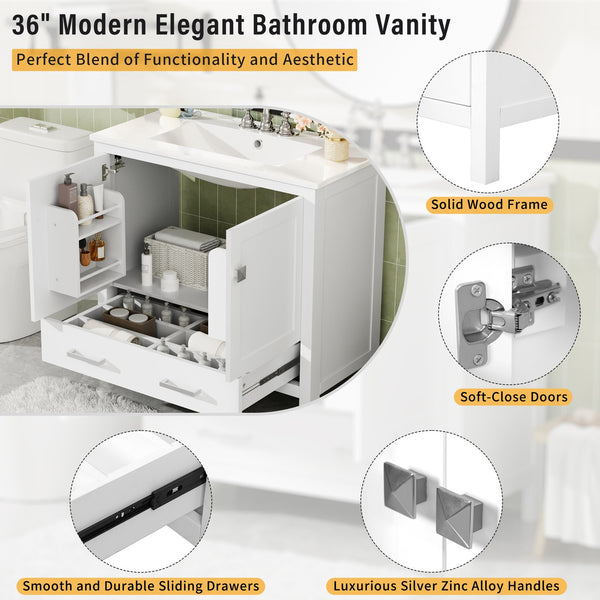 English Elm 72" White Bathroom Vanity Set with Dual Ceramic Sinks, Soft-Close Doors, Divided Drawers & Ample Storage, Solid Wood Frame, Easy Plumbing Access N729P000006K