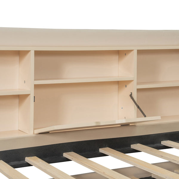 English Elm Twin Upholstered Daybed with Pull-Up Trundle, Velvet High Back with Shelves, Flip Storage & USB Beige SF000194AAA