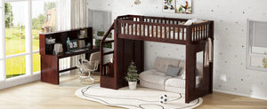 English Elm Twin Loft Bed with Movable Desk Open Shelving and Storage Stairs in Espresso W1580S00336