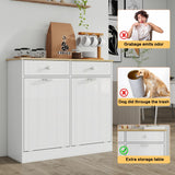 English Elm Two-Compartment Tilt-Out Trash Cabinet, Pet Proof Kitchen Trash Cabinet With Cutting Board, Free Standing Laundry Sorter Cabinet, Laundry Hamper, White