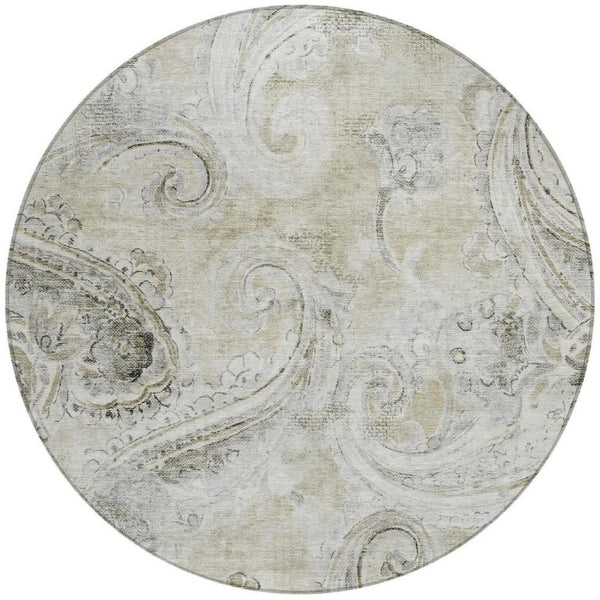 8 Ft Round Paisley Polyester Area Rug Washable Pet Friendly Patio or Family Room