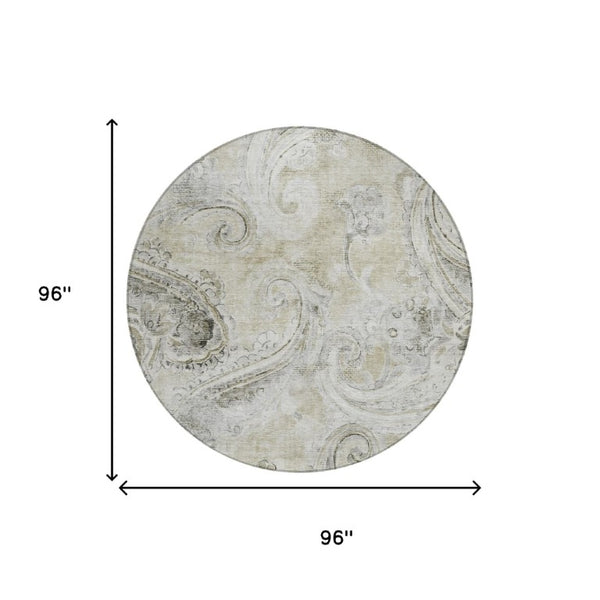 8 Ft Round Paisley Polyester Area Rug Washable Pet Friendly Patio or Family Room
