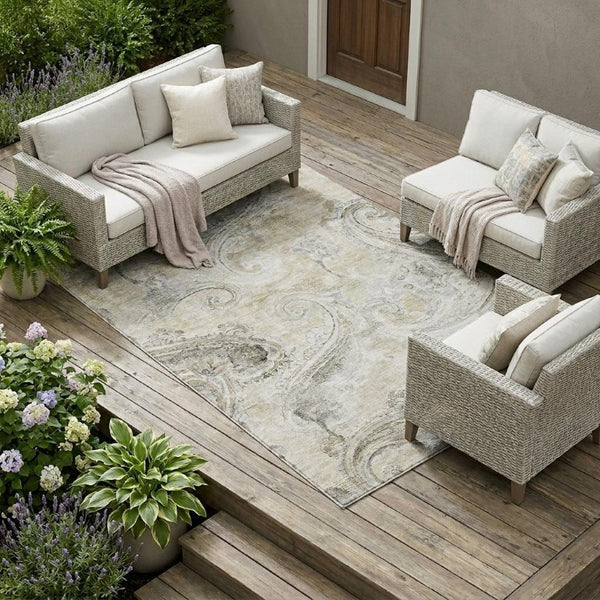 8 X 10 Paisley Polyester Area Rug Stain Resistant Indoor Outdoor Khaki Brown