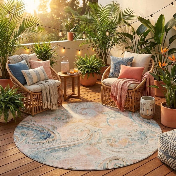 8 Foot Round Paisley Polyester Rug Stain Resistant Pink Silver Indoor Outdoor