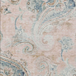 8 X 10 Pink Silver Paisley Polyester Area Rug Washable for Indoor Outdoor Use