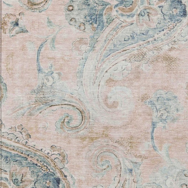 8 X 10 Pink Silver Paisley Polyester Area Rug Washable for Indoor Outdoor Use