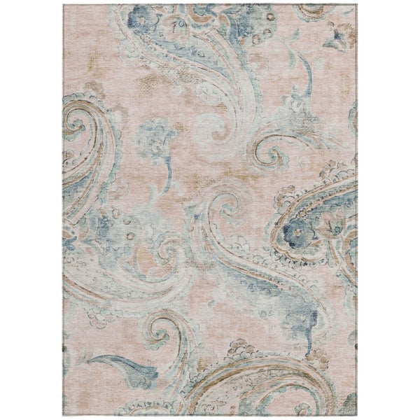 9x12 Pink Silver Paisley Polyester Rug Washable Stain Resistant Indoor Outdoor