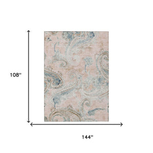 9x12 Pink Silver Paisley Polyester Rug Washable Stain Resistant Indoor Outdoor