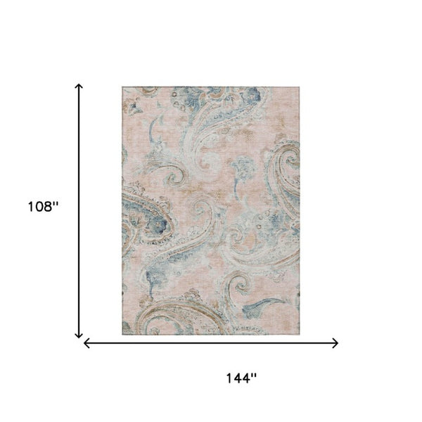 9x12 Pink Silver Paisley Polyester Rug Washable Stain Resistant Indoor Outdoor