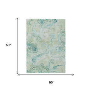 5x8 Sage Green Paisley Polyester Area Rug Washable Stain Resistant Indoor Outdoor