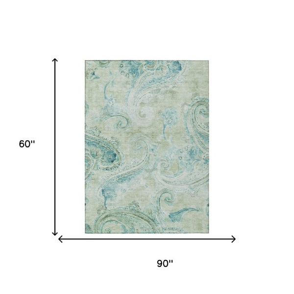 5x8 Sage Green Paisley Polyester Area Rug Washable Stain Resistant Indoor Outdoor