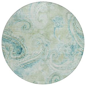 HomeRoots 8 Ft Round Sage Green Paisley Polyester Rug Stain Resistant for Indoor Outdoor Use 740012