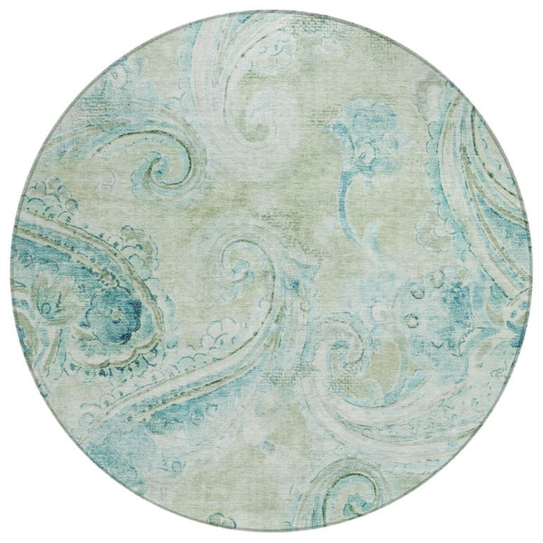 HomeRoots 8 Ft Round Sage Green Paisley Polyester Rug Stain Resistant for Indoor Outdoor Use 740012