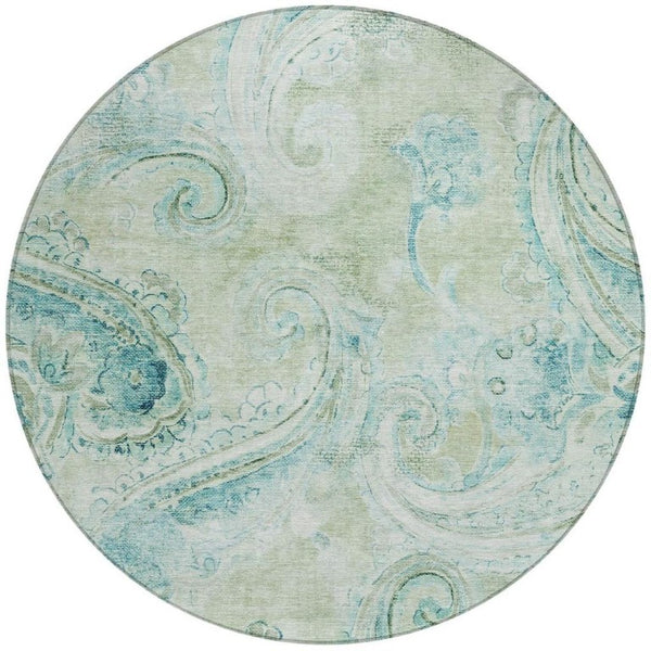 8 Ft Round Sage Green Paisley Polyester Rug Stain Resistant for Indoor Outdoor Use