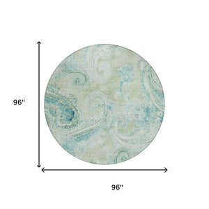 8 Ft Round Sage Green Paisley Polyester Rug Stain Resistant for Indoor Outdoor Use