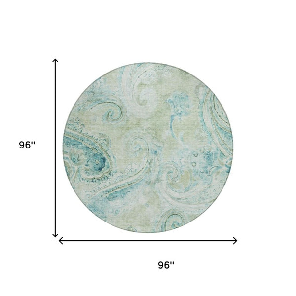8 Ft Round Sage Green Paisley Polyester Rug Stain Resistant for Indoor Outdoor Use