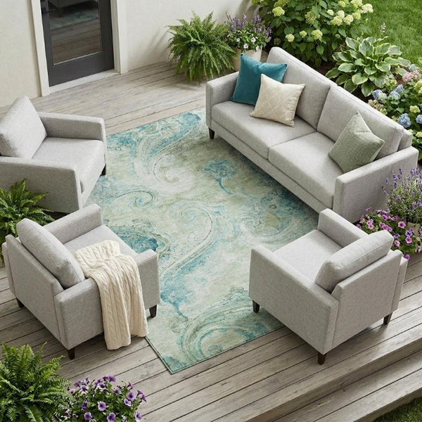 8 Ft X 10 Ft Sage Green Paisley Polyester Area Rug Stain Resistant for Patio