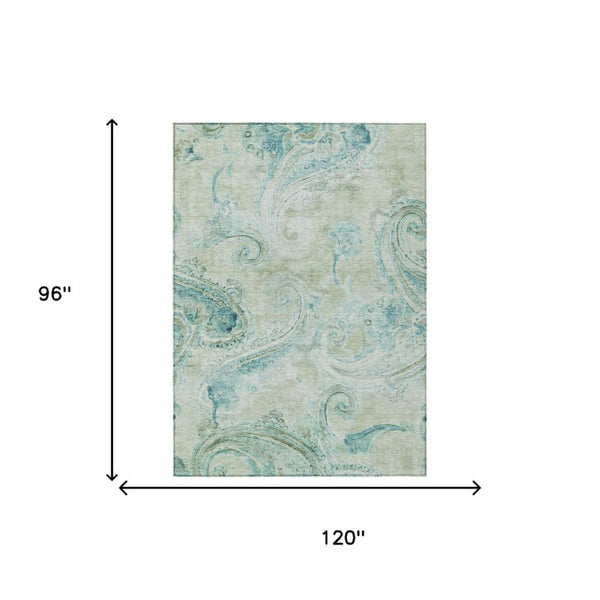 8 Ft X 10 Ft Sage Green Paisley Polyester Area Rug Stain Resistant for Patio