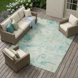 9x12 Sage Green Paisley Polyester Area Rug Washable Stain Resistant Indoor Outdoor