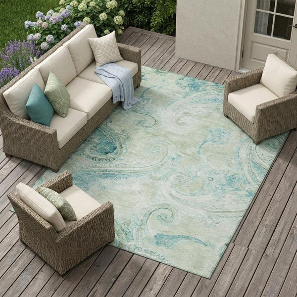 9x12 Sage Green Paisley Polyester Area Rug Washable Stain Resistant Indoor Outdoor