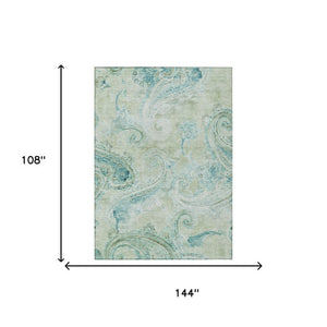 9x12 Sage Green Paisley Polyester Area Rug Washable Stain Resistant Indoor Outdoor