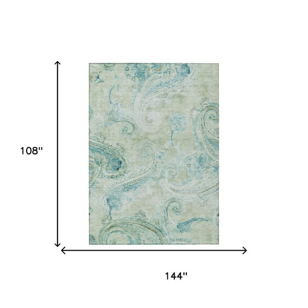 9x12 Sage Green Paisley Polyester Area Rug Washable Stain Resistant Indoor Outdoor