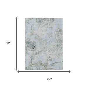 5x8 Sky Blue Paisley Polyester Area Rug Washable Stain Resistant Indoor Outdoor Use