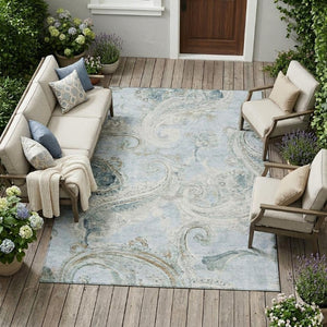 8 X 10 Sky Blue Paisley Polyester Area Rug Washable Stain Resistant Indoor Outdoor
