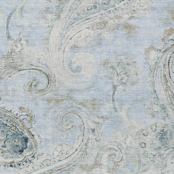 8 X 10 Sky Blue Paisley Polyester Area Rug Washable Stain Resistant Indoor Outdoor