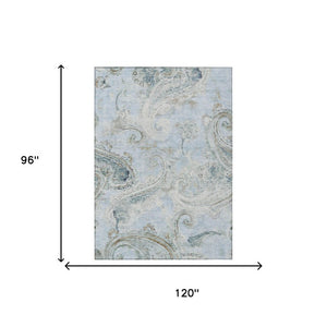 8 X 10 Sky Blue Paisley Polyester Area Rug Washable Stain Resistant Indoor Outdoor
