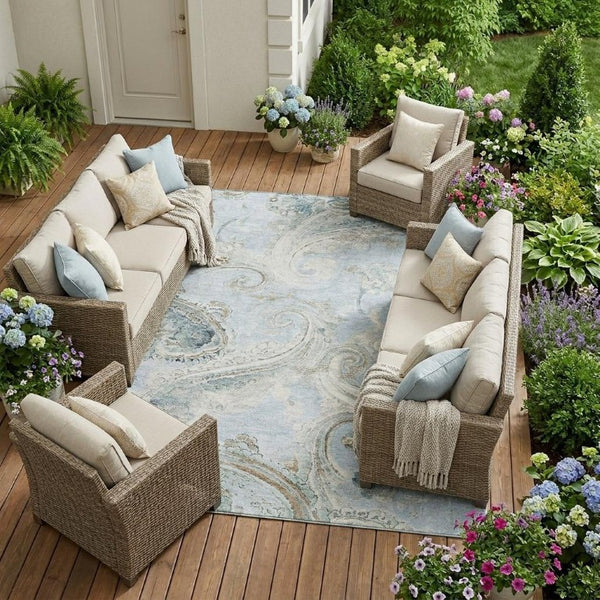 9 X 12 Sky Blue Paisley Polyester Area Rug Stain Resistant Indoor Outdoor Use