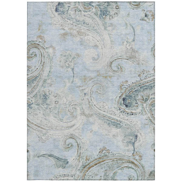 9 X 12 Sky Blue Paisley Polyester Area Rug Stain Resistant Indoor Outdoor Use